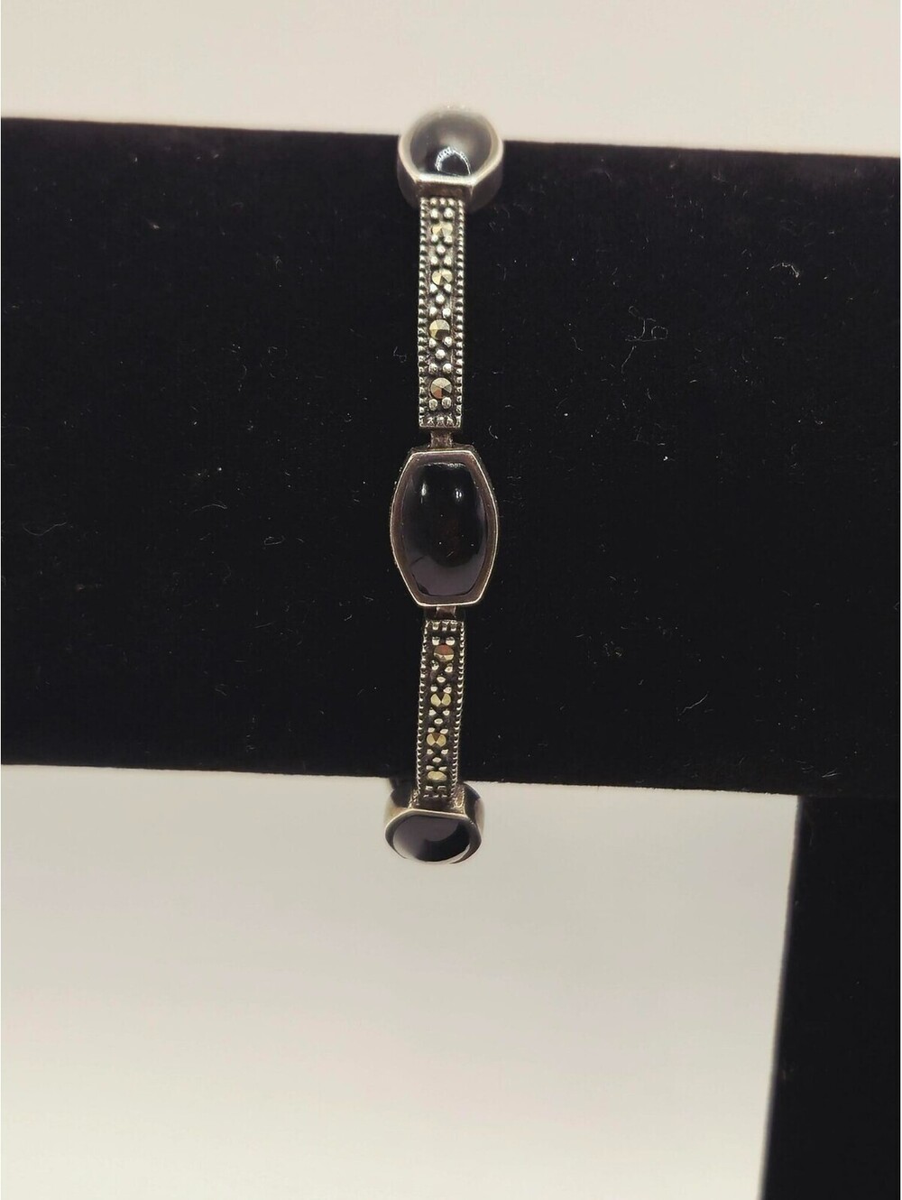 Sterling Silver Marcasite Onyx Link Bracelet